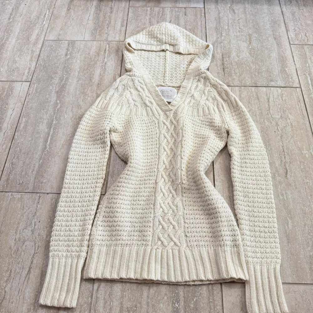 Old Navy Y2K 90s Cream Wool Blend Cableknit Long Sleeve Hoodie Sweater Sz M